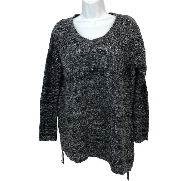 VINTAGE HAVANA Anthropologie Size M Gray Black White Knit Soma V Back Fringe - Picture 1 of 11